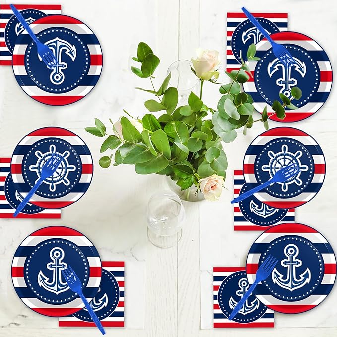 Wiooffen 96 Pcs Nautical Anchor Party Plates Napkins Tableware Set Anchor Theme Supplies Disposable Dinnerware Sailor Boat Ship Decoration Favors for Navy Baby Shower Birthday, 24 Guests