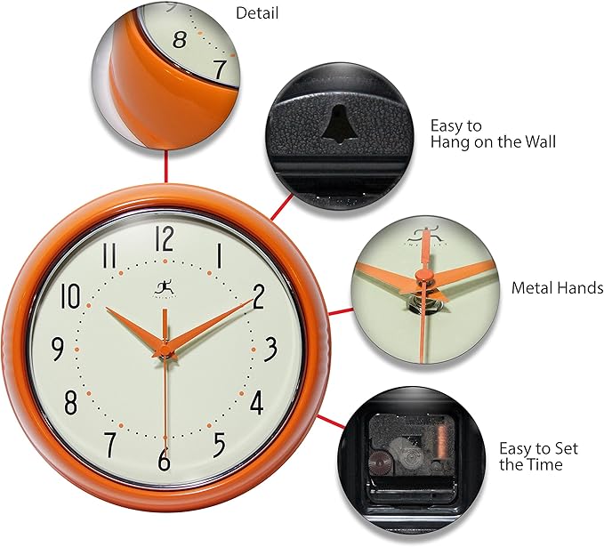 Infinity Instruments LTD. Retro 9 inch Silent Sweep Non-Ticking Mid Century Modern Kitchen Diner Wall Clock Quartz Movement Retro Wall Clock Decorative (Orange)β¦