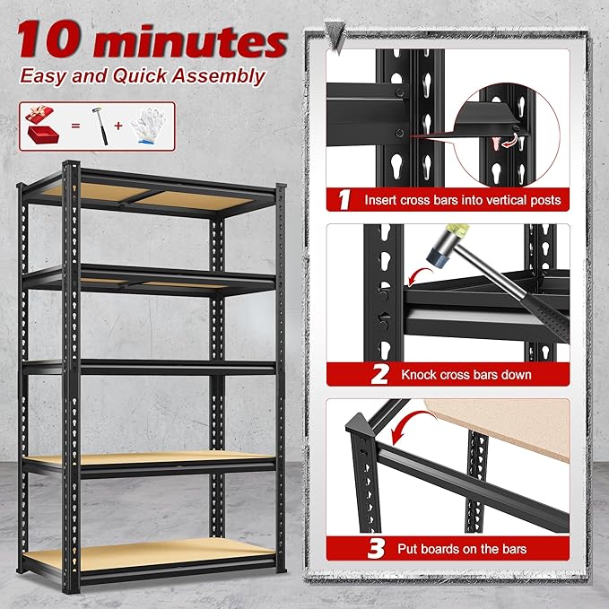 REIBII Storage Shelves 2020LBS Garage Shelving Heavy Duty 5 Tier Metal Shelving Units for Storage Adjustable Utility Shelf Rack for Kitchen Warehouse Basement 28" W x 12" D x 59.8" H, 3 Pack