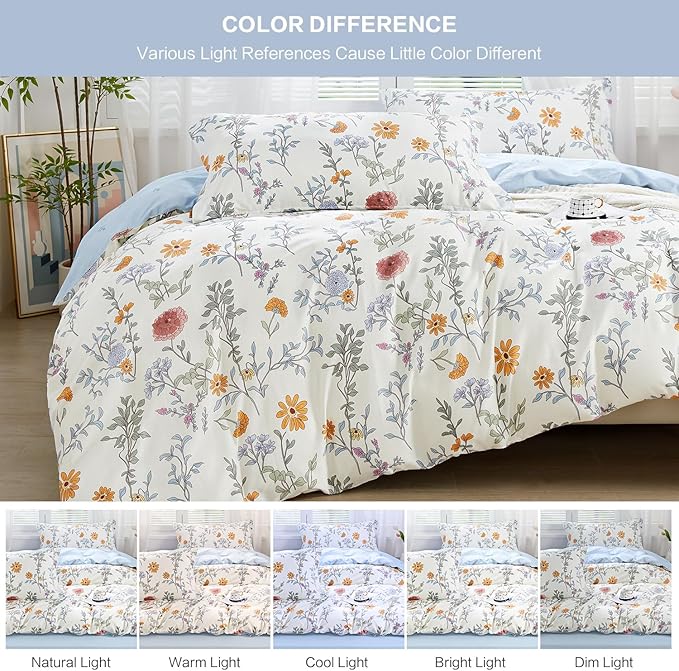 SAPHREAS Floral Duvet Cover Set King Size 3pcs Garden Style Botanical Flower Leaves Pattern Bedding Comforter Cover Set 100% Cotton 1 Duvet Cover 104"x90" 2 Pillow Shams, Comforter Not Included