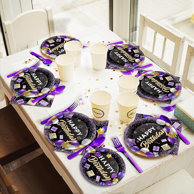 Wiooffen 96 Pcs Purple Birthday Party Plates Napkins Tableware Set Purple and Black Happy Birthday Party Supplies Disposable Dinnerware Women Girl Birthday Decoration Favors for Table, 24 Guests