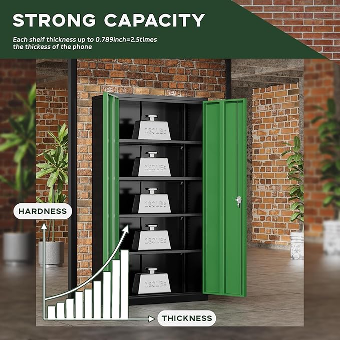 Greenvelly Metal Garage Storage Cabinet with Doors and Adjustable Shelves,72" Steel Lockable File Cabinet for Home Office,Garage,School(Black Green,32" W x 16" D)