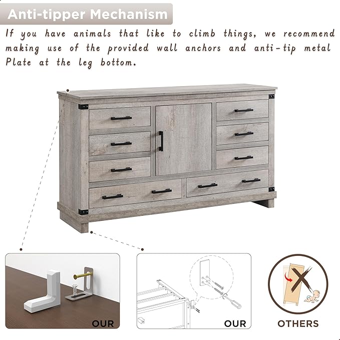 Farmhouse 8 Drawer Dresser for Bedroom with Adjustable Shelf, Wood Long Chest of Drawers with Thick Plank Styling, Rustic Large Closet Dresser for Bedroom, Living Room, Light Rustic Oak Color