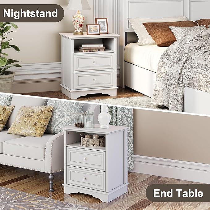 XIAO WEI Nightstand with Hidden Drawer Set of 2, 2-Drawer Nightstand with Open Shelf – Sturdy Wood Bedroom End Table for Storage, Modern Furniture for Bedroom Organization,White