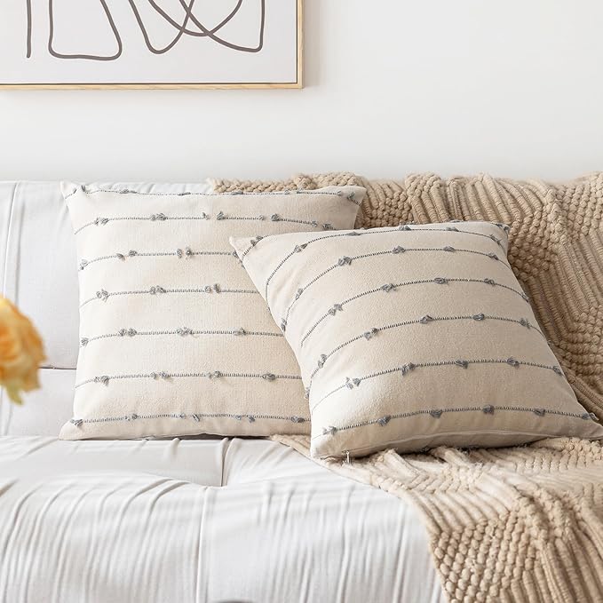 Boho Throw Pillow Covers 16x16 Set of 2 Modern Farmhouse Decorative Cushion Case Tufted Square Pillows Cover Neutral Pillow Cases Accent Pillowcase for Sofa,Couch,Bed,Beige and Grey