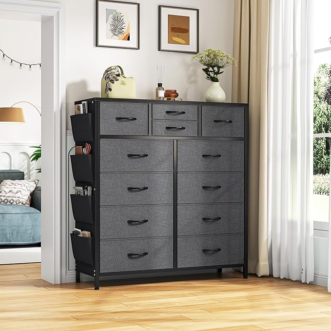 EnHomee Dresser for Bedroom with 12 Drawers, Tall Dressers & Chest of Drawers with Side Pockets, Fabric Dresser for Bedroom, Closet, Hallway, Living Room, Sturdy Metal Frame, Wood Top, Grey