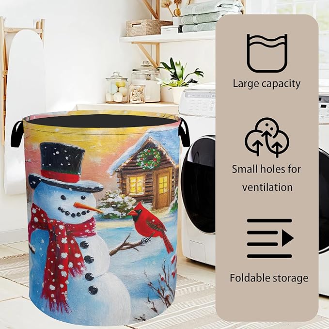 Snowman Cardinal Large Clothes Hamper Bag - Laundry Basket with Handles, Space Saving Foldable Design for Nursery