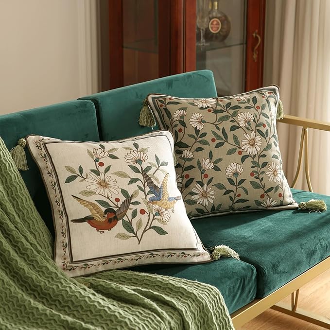 Design Square Bird Floral Linen Throw Pillow Covers 18"x18" Pack of 2, White Simple Elegant Daisy Pattern Cushion Covers Decor Pillowcases for Bed,Living Room,Outdoor,Car