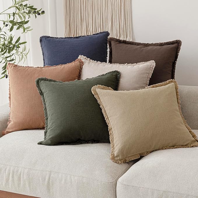 Foindtower Set of 2 Decorative Linen Fringe Throw Pillow Covers Boho Farmhouse Cushion Cover with Tassels Soft Accent Pillowcase for Couch Sofa Bed Living Room Home Decor,16×16 Inch,Reddish Brown