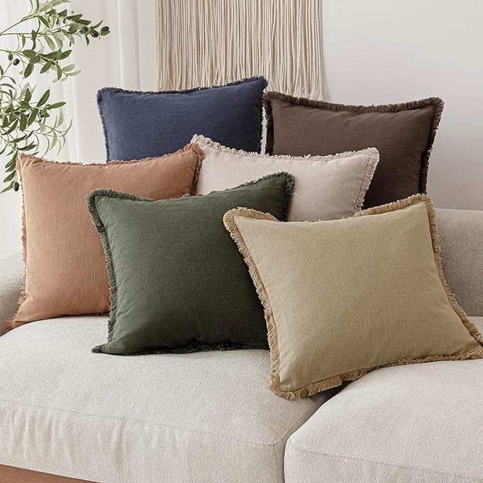 Foindtower Set of 2 Decorative Linen Fringe Throw Pillow Covers Boho Farmhouse Cushion Cover with Tassels Soft Accent Pillowcase for Couch Sofa Bed Living Room Home Decor,18×18 Inch,Reddish Brown