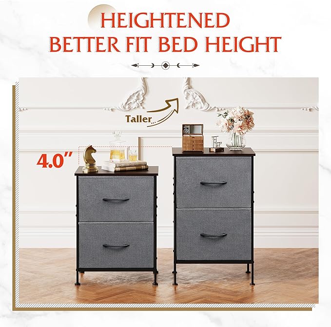 WLIVE Night Stand Set 2, Dresser and Nightstand Sets, Small Dresser for Bedroom with 2 Drawers, End Table with Fabric Bins for Closet, Bedside Furniture, College Dorm, Dark Grey