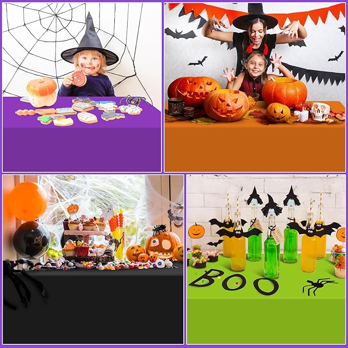 MASHAN 12Pcs Halloween Tablecloth Plastic Orange Black Purple Green Table Cloths Disposable Rectangle Table Covers for Halloween Theme Kids Birthday Witch Vampire Party Decorations, 54 x 108 Inch