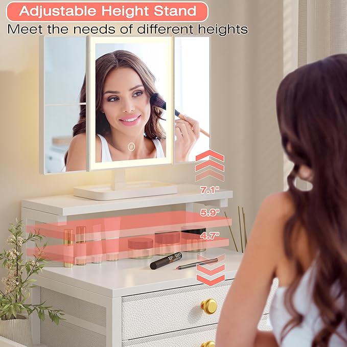 Vanity Desk with Mirror and Lights, 28.4''W Small Makeup Vanity Table with Height-Adjustable Stand, 2 Fabric Drawers Compact Makeup Desk, Gift for Girls, Bedroom Small Space, White