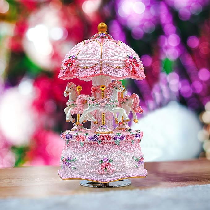 Carousel Music Box,Luxury Color Change LED Light Music Box,Luminous Rotating 3-Horse Musical Box with Gift Box for Girls Birthday Valentine Gift (Castle in The Sky, Pink)