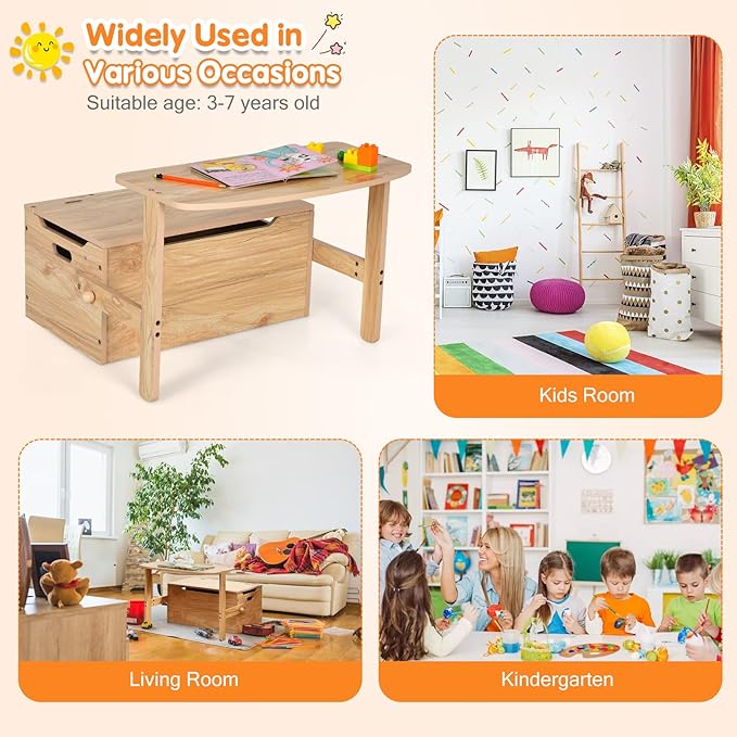 Costzon Kids Table and Chair Set, Convertible Toy Storage Bench with Built-in Handle for Kindergarten, Preschool, Kids Room, Playroom, Wood Reading Nook for Toddler Boys Girls Ages 3 to 7 (Natural)