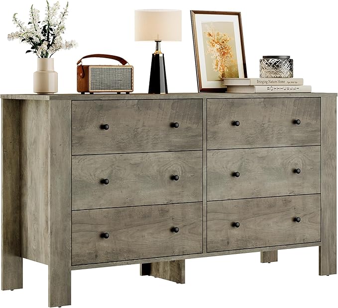 GarveeHome Grey 6 Drawer Dresser for Bedroom, Modern Wide Dresser Organizer with Storage Drawers, Wooden Chests of Drawers for Bedroom, Entryway, Hallway, Home Office