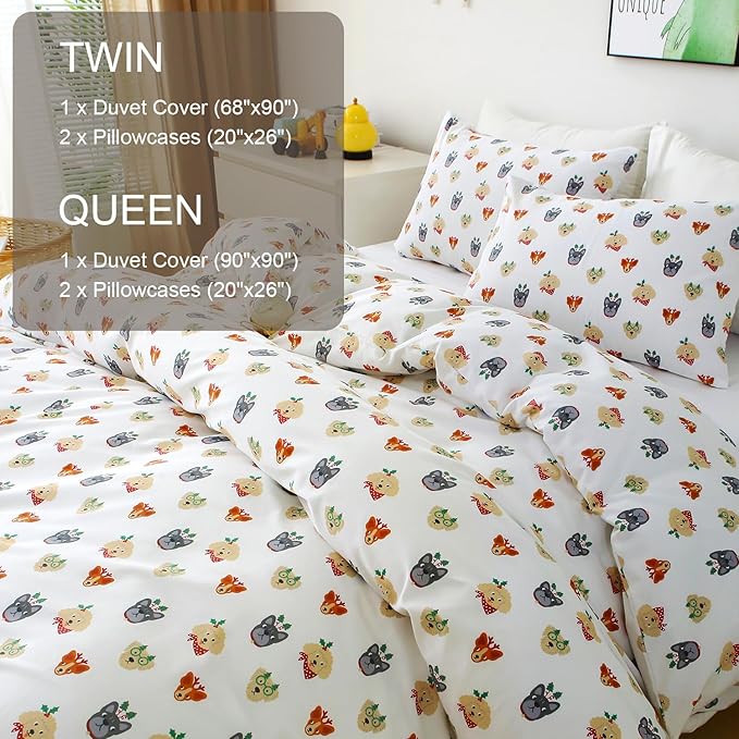 Ivellow Twin Duvet Cover for Kids Cartoon 100% Cotton Kids' Duvet Cover Sets Dog Animal Patterned Duvet Cover Ultra Soft Breathable Cute Toddler Bedding Set Zipper Closure Boys Girls Teens