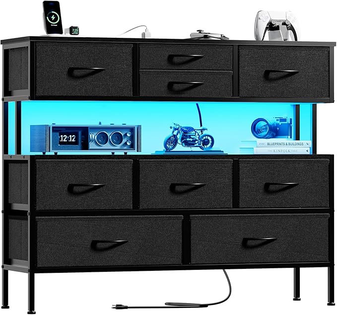 REAHOME Dresser TV Stand with Charging Station and LED Lights, 55” TV Stand Entertainment Center with 9 Drawers, Steel Frame, Large Storage Chest of Drawers for Bedroom, Living Room, Black Gray
