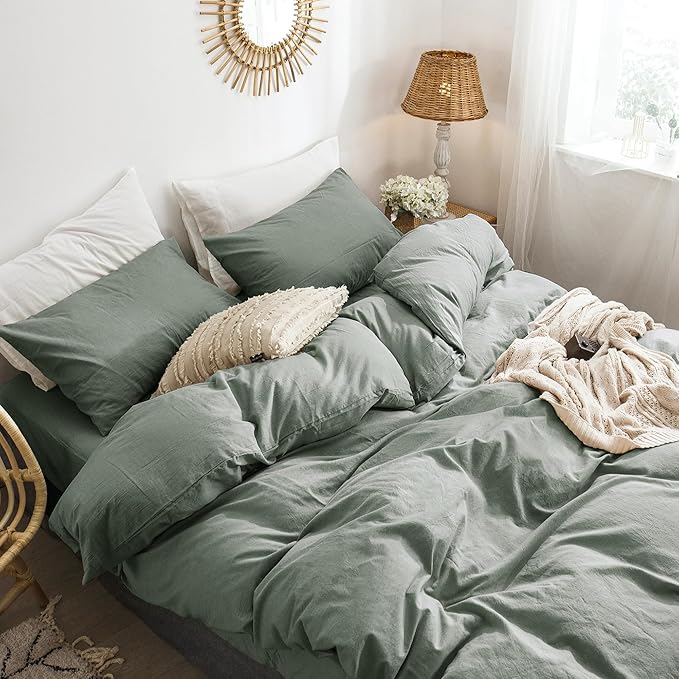 MooMee Bedding Duvet Cover Set 100% Washed Cotton Linen Like Textured Breathable Durable Soft Comfy (Heathered Green, Full 80"x90")