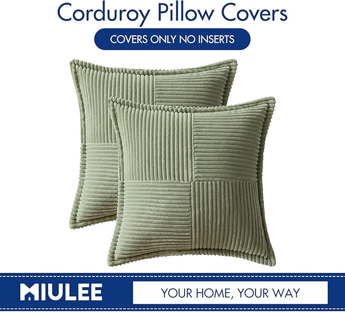 MIULEE Decorative Throw Pillow Covers for Couch Bed Livingroom 18x18 Inch Set of 2 Sage Green Boho Accent Throw Pllows Broadside Striped Patchwork Soft Corduroy Pillowcases