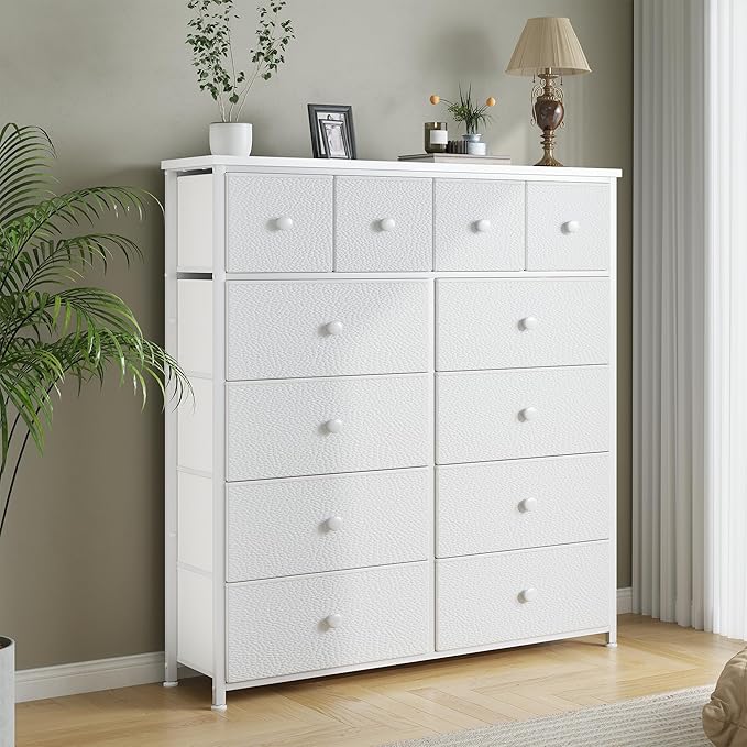Dresser for Bedroom with 12 Drawers Tall Dressers for Bedroom Fabric Dressers & Chest of Drawers with Sturdy Metal Frame, Wood Top, for Woman, Closet, 40.6" W x 11.8" D x 44.5" H (White)