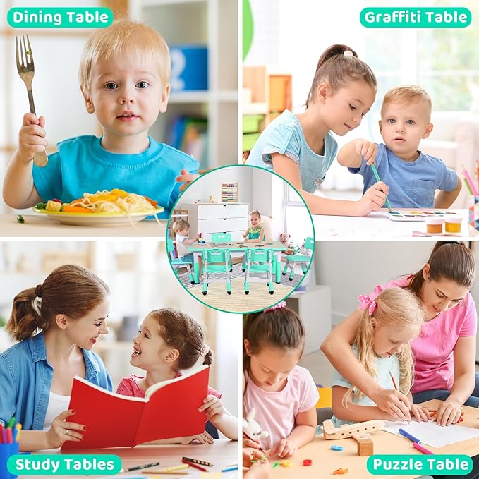 Arlopu Kids Table and 6 Chairs Set, Height Adjustable Graffiti Desk, Preschool Activity Art Craft Table, for Daycare Classroom Home Boys and Girls Age 3-12 (Light Green)