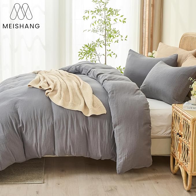 MEISHANG Muslin Duvet Cover Queen Size - 100% Organic Cotton, Soft Textured Gauze Weave Comforter Cover for Breathable All-Season with Zipper Closure - 3 Piece Set (Queen, Dark Grey)
