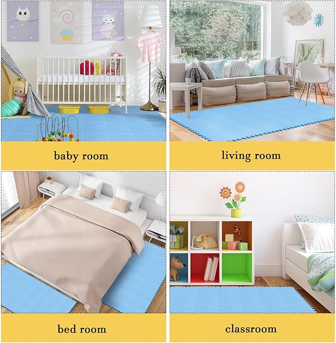 Shihanee 16 Pcs Foam Floor Baby Tiles 11.81 x 11.81 inches Foam Floor Mats Play Mats Bulk with Borders Interlocking for Kids Baby Playroom Nursery Gym(Blue)