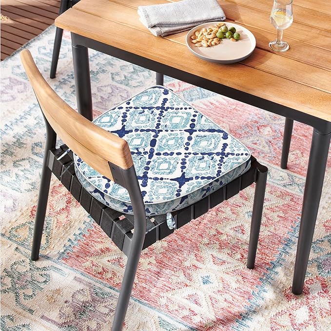 Set of 2 Outdoor Chair Cushions 19"x19"x2",Water Repellent Seat Dining Chair Cushion with Ties and Removable Covers, Chair Cushions for Indoor Kitchen and Patio Furniture,Boho Geometry Blue