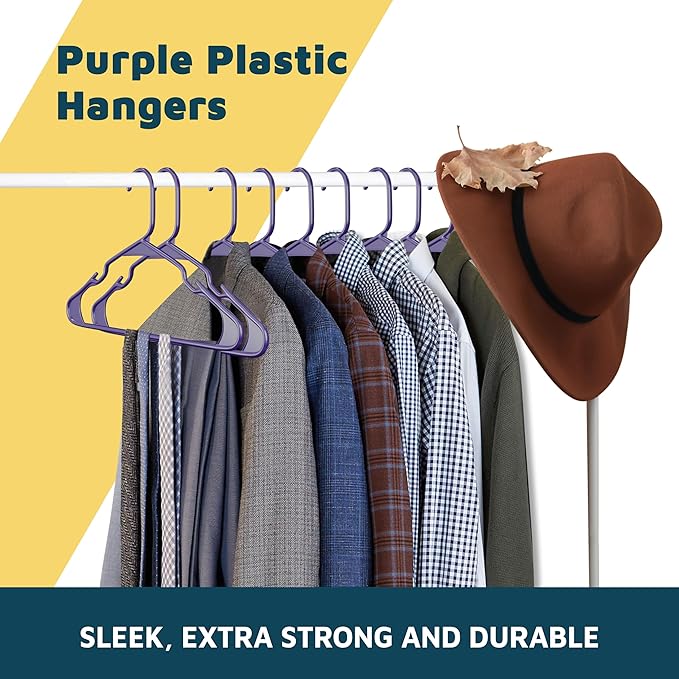 Plastic Clothes Hangers – Heavy Duty Hanger Set, for Organizing Clothes, Dresses, and Coat, Holds Up to 5 lbs, Space-Saving Hangers with Non-Slip Shoulder Grooves, Pack of 80, Purple