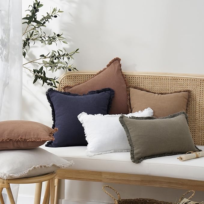 Foindtower Set of 2 Decorative Linen Fringe Throw Pillow Covers Cozy Boho Farmhouse Cushion Cover with Tassels Soft Accent Pillowcase for Couch Chair Sofa Bed Living Home Decor,18×18 Inch,Rust