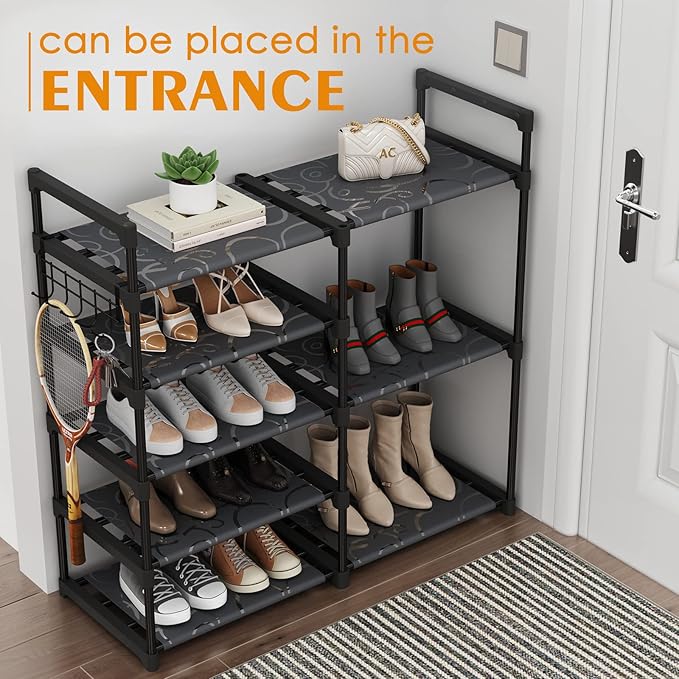 Black Tubes Closet Shoe Rack, 5 Tier Oxford Fabric Shelf, Easy Assembly, Sturdy and Durable, Holds Up to 30 lbs