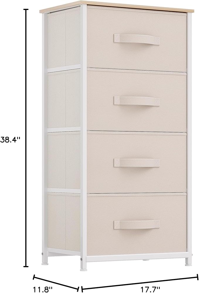 DWVO Storage Tower with 4 Drawers - Fabric Dresser, Organizer Unit for Bedroom, Living Room, Closets - Sturdy Steel Frame, Easy Pull Fabric Bins & Wooden Top (Cream White)