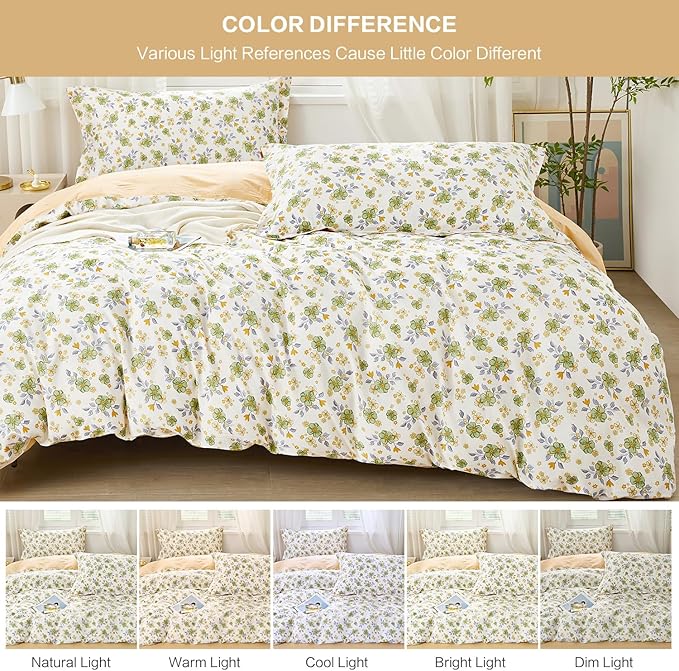 SAPHREAS Green Floral Duvet Cover Set Full Size 3pcs Botanical Blossom Bedding Comforter Cover Set 100% Cotton 1 Duvet Cover 90"x80" 2 Pillow Shams, Comforter Not Included