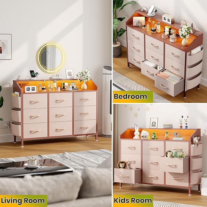 Lulive Dresser TV Stand for Bedroom with 9 Drawers - Chest of Drawers with LED Light & Charging Station - Living Room Hallway Closet Nursery (Pink)