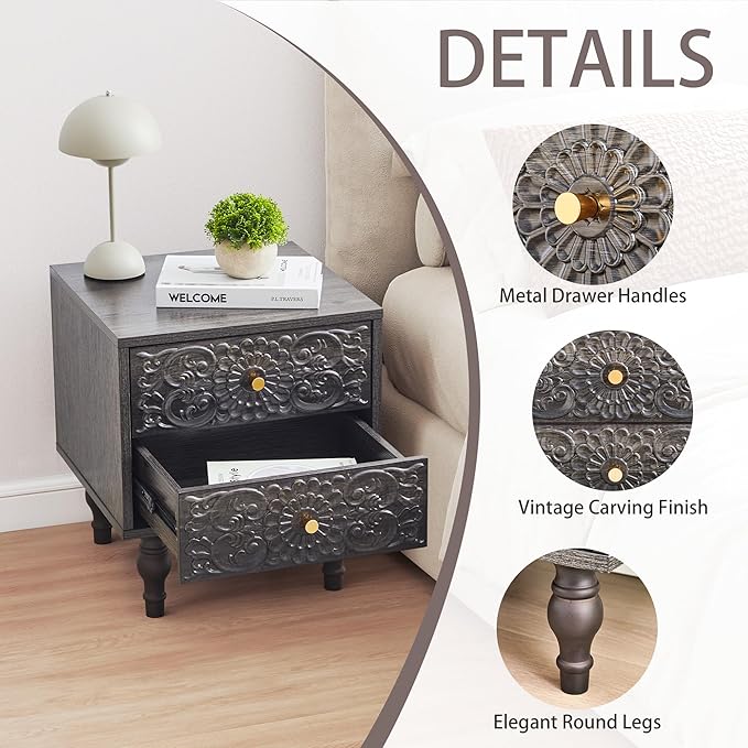 Nightstand, Farmhouse Bedside Table with 2 Drawers and Metal Handles, Wood Sofa Side Table End Table Accent Dresser for Bedroom, Living Room (Grey-2 Packs)