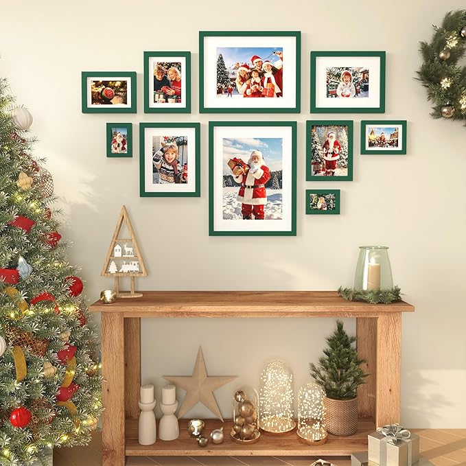 KINLINK 12x16 Picture Frame Green, Solid Wood Frames with Acrylic Plexiglass for Pictures 11x14/9x12 with Mat or 12x16 without Mat, Wall Display Photo Frame, Set of 4