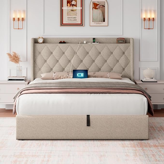 iPormis Queen Size Lift Up Storage Bed Frame with Charging Station, Upholstered Platform Bed Frame with Tufted Headboard, Hydraulic Storage, No Box Spring Needed, Noise-Free, Easy Assembly, Beige