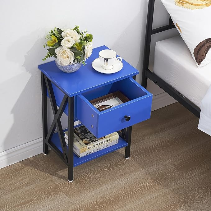 VECELO Nightstand,Modern Bedside End Table, Night Stand with Drawer and Storage Shelf for Living Room Bedroom, Industrial Metal Frame