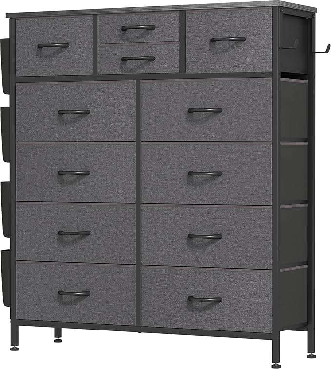 Lulive Dresser for Bedroom with 12 Drawers, Tall Dresser Chest of Drawers with Side Pockets and Hooks, Fabric Dresser Storage Tower for Closet, Hallway, Living Room (Dark Grey)