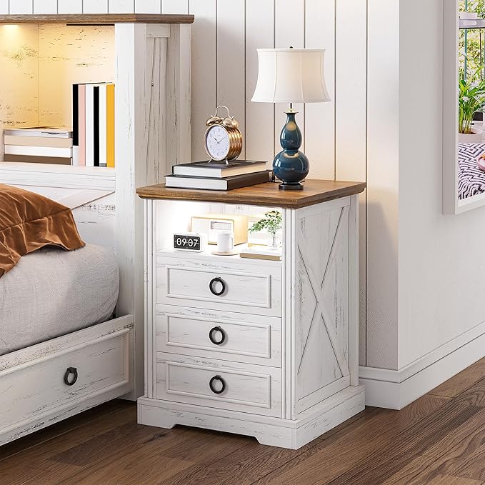 Nightstand with Charging Station,Farmhouse End Side Table with 3 Drawers and Open Storage,Smart Bedside Table with LED Light & Human Sensor for Bedroom,White