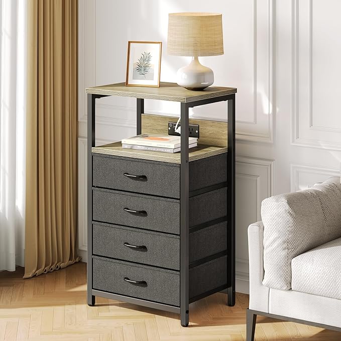 Seventable Night Stand with Charging Station, Tall Nightstand with 4 Fabric Storage Drawers, Side Table with LED Light for Bedroom, Entryway, Greige