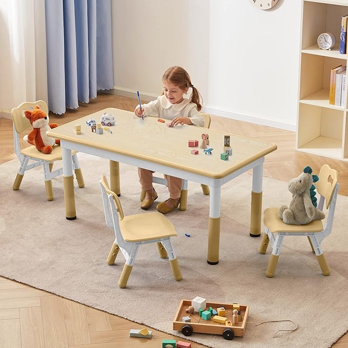 Toddler Table and Chairs Set for 4, 47.2''L x 23.6''W Kids Study Table and Chair Set, Height-Adjustable, Graffiti Desktop, Children Activity Table for Daycare, Classroom, Home