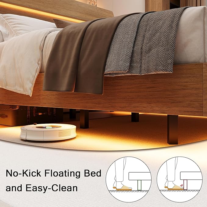 Full Size Bed with Charging Station, Floating LED Bed Frame with Wood Storage headboard, Heavy Duty Metal Slats, No Box Spring Needed, Noise Free, Easy Assembly, Walnut