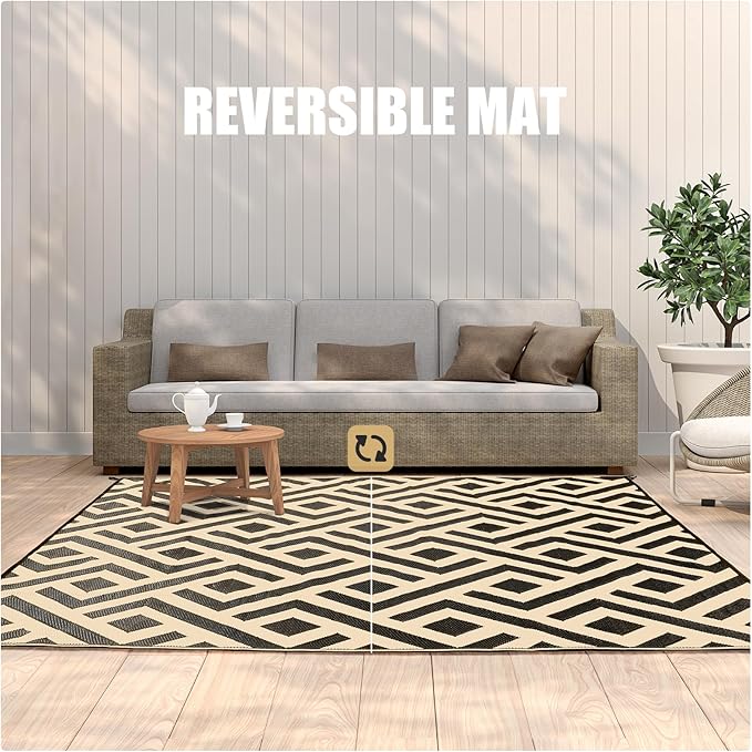 Terrug Outdoor Rug Waterproof 4x6 Ft, Foldable Outdoor Plastic Straw Rug, UV Reversible Patio Rug Decor, Outdoor Area Rug for Camping, RV, Porch, Deck, Backyard, Balcony, Picnic, Black & Beige