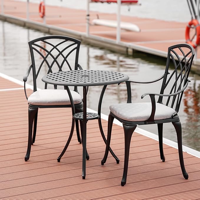 Patio Bistro Sets Cast Aluminum Bistro Table and Chairs Set of 2 with Umbrella Hole,Outdoor Bistro Set with Cushion for Yard (BLACK1)