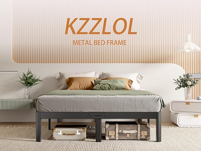 King Bed Frame Black, 14 Inch Metal King Size Bed Frame No Box Spring Needed, DIY Headboard Holes, Heavy Duty Steel Support 3500 LBS, Noiseless, Round Corner Legs, Storage Space, Easy Assembly