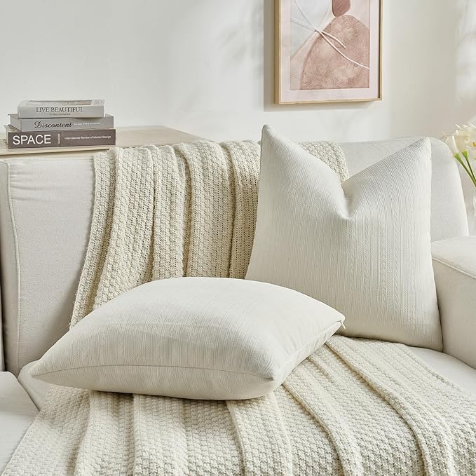 FUTEI Cream White Decorative Throw Pillow Covers 24x24 Inch Set of 2,Soft Cozy Wheat Ear Striped Patterns European Cushion Cases,Modern Home Decor for Couch Bed Living Room