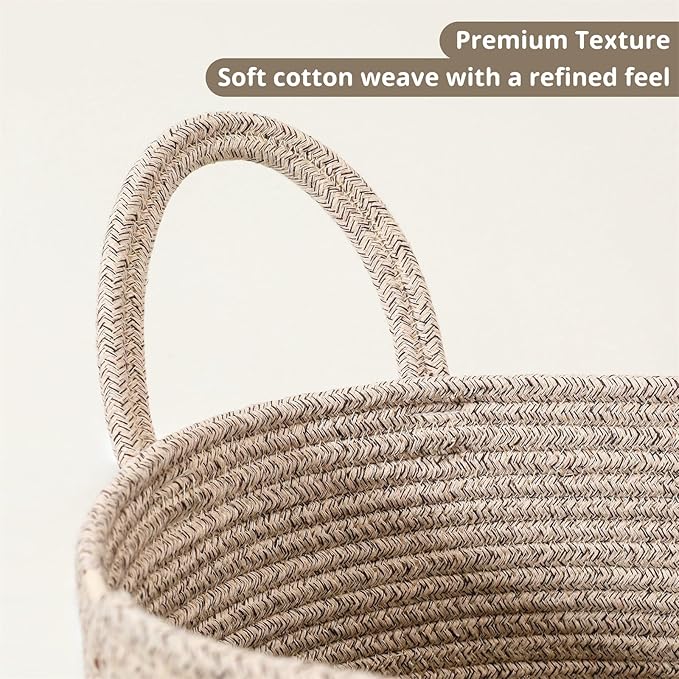 40L Woven Laundry Basket Hamper, 100% Natural Cotton Rope, Handwoven & Durable, Storage for Blankets, Toys, Clothes, Decorative Nursery Hamper for Living Room, Baby Room, Bedroom (Brown and White)