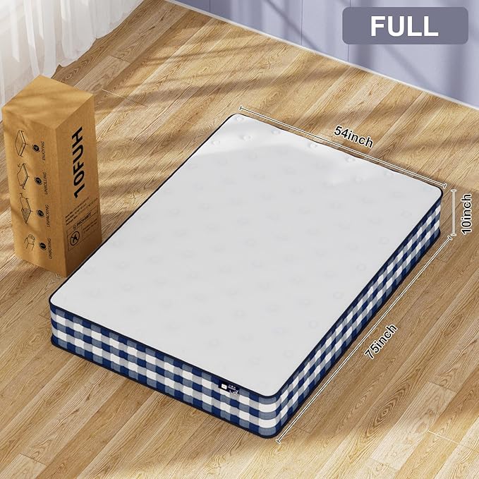 Full Mattress 10 Inch, Memory Foam Mattress with Pocket Spring, Soft & Comfortable Medium Plush, Motion Isolation, Pressure Relief, CertiPUR-US Certified (75"*54"*10")